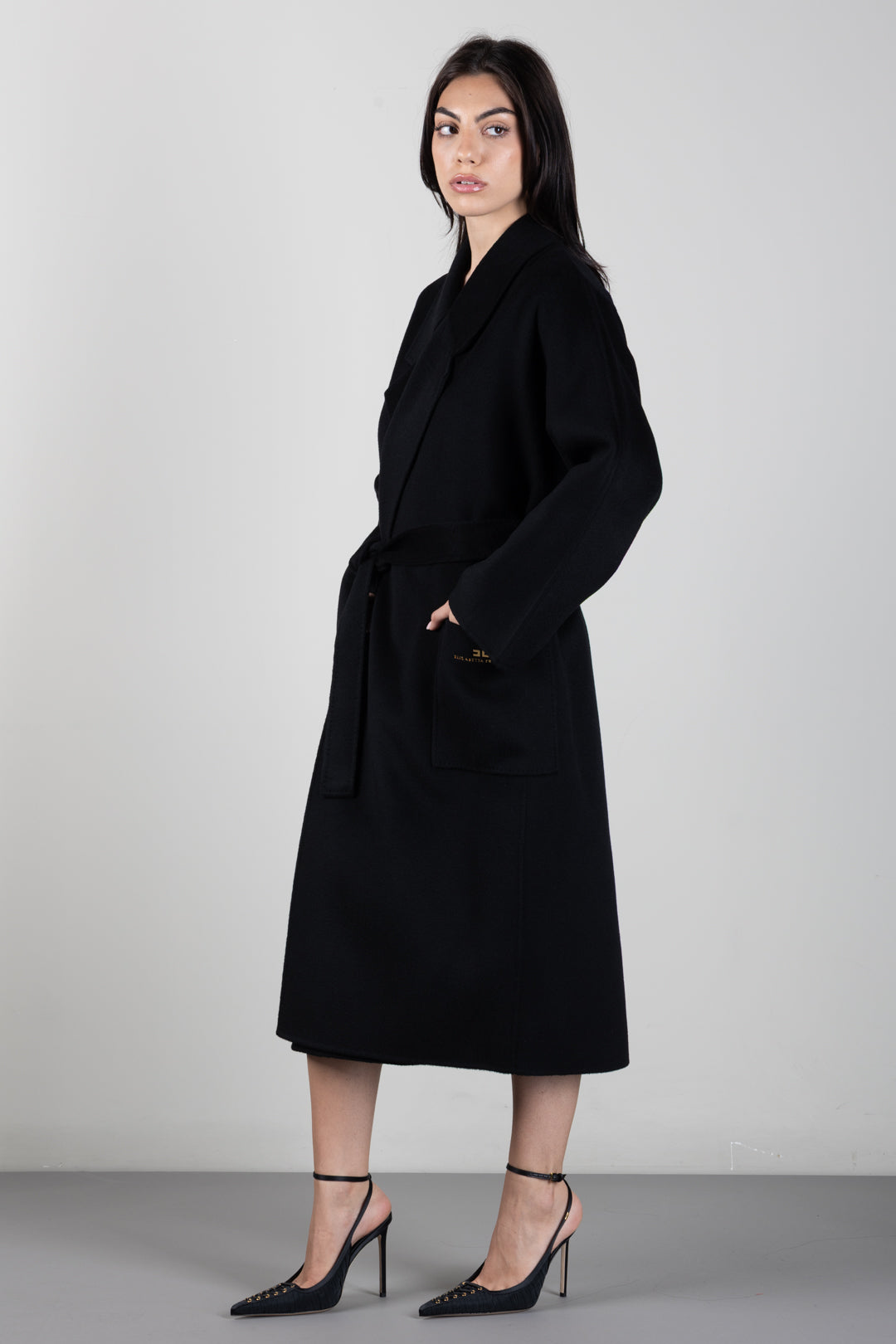 Elisabetta Franchi Cappotto a Vestaglia In Lana con Cintura CP01D66E2 NERO