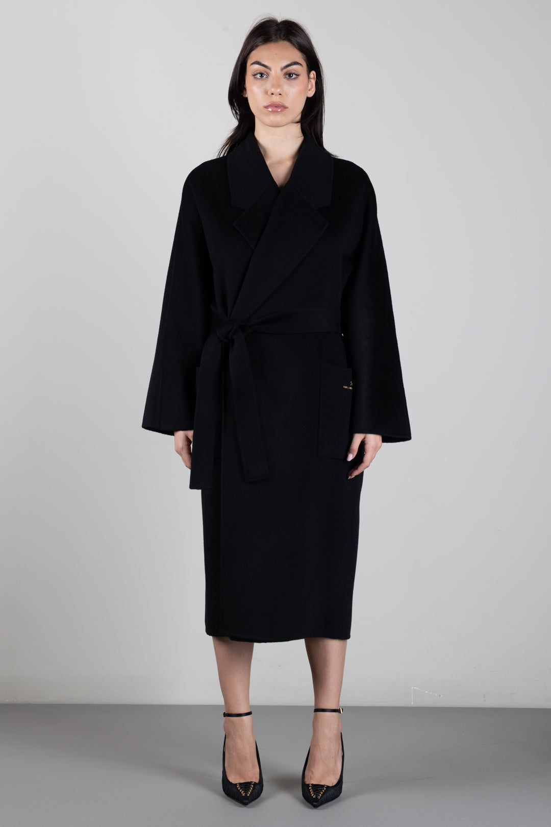 Elisabetta Franchi Cappotto a Vestaglia In Lana con Cintura CP01D66E2 NERO