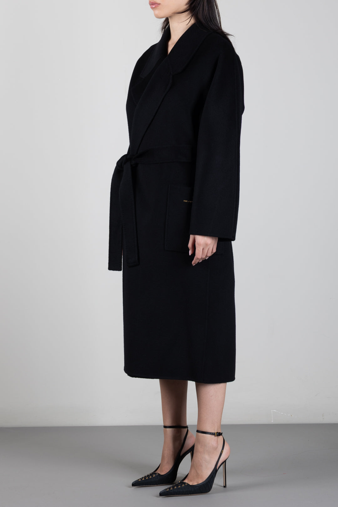 Elisabetta Franchi Cappotto a Vestaglia In Lana con Cintura CP01D66E2 NERO