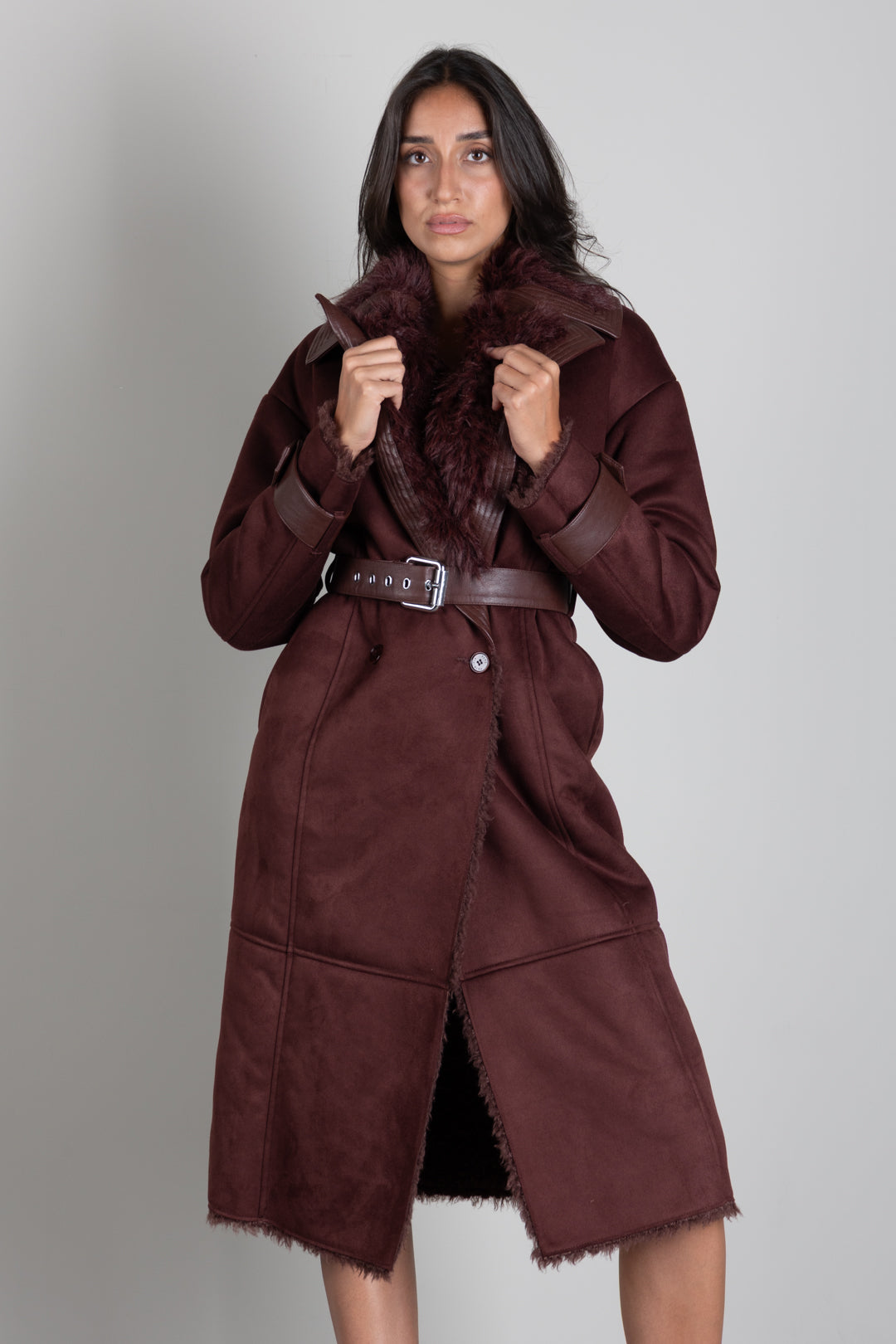 Patrizia Pepe Cappotto Doppiopetto Effetto Shearling con Cintura 8O0208 E0011 WOOD BROWN