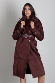 Patrizia Pepe Cappotto Doppiopetto Effetto Shearling con Cintura 8O0208 E0011 WOOD BROWN
