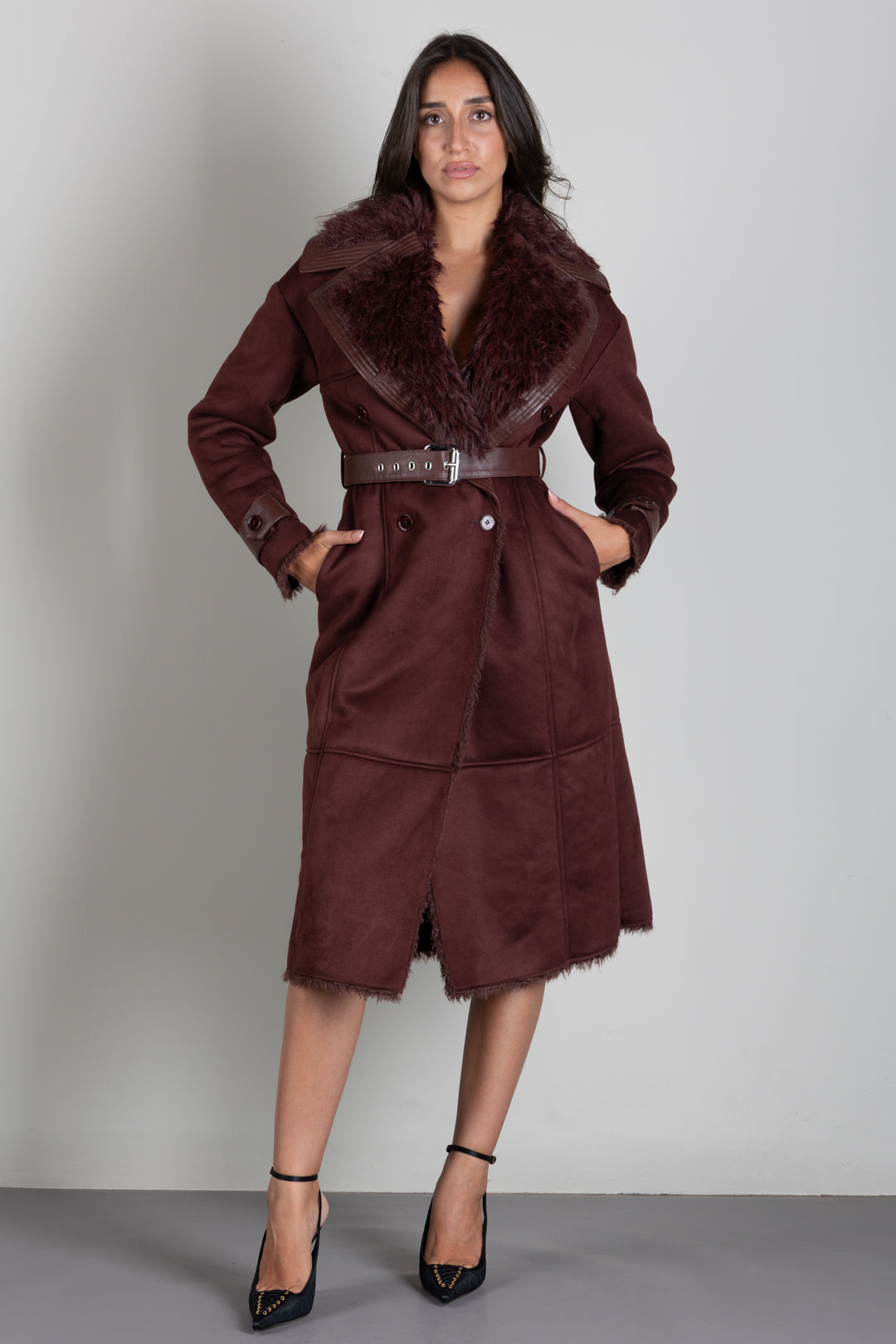 Patrizia Pepe Cappotto Doppiopetto Effetto Shearling con Cintura 8O0208 E0011 WOOD BROWN