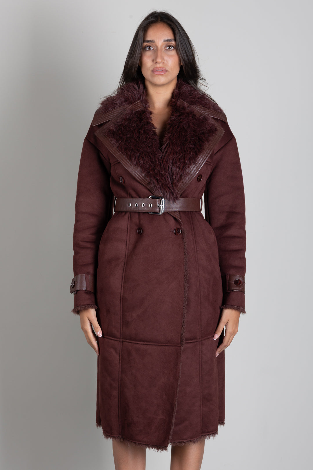 Patrizia Pepe Cappotto Doppiopetto Effetto Shearling con Cintura 8O0208 E0011 WOOD BROWN