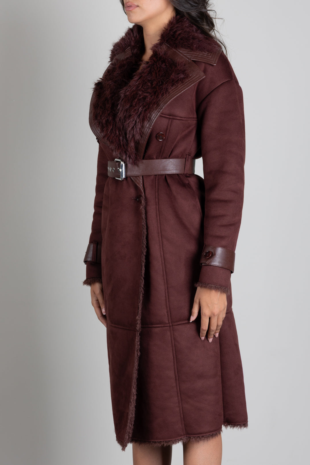 Patrizia Pepe Cappotto Doppiopetto Effetto Shearling con Cintura 8O0208 E0011 WOOD BROWN