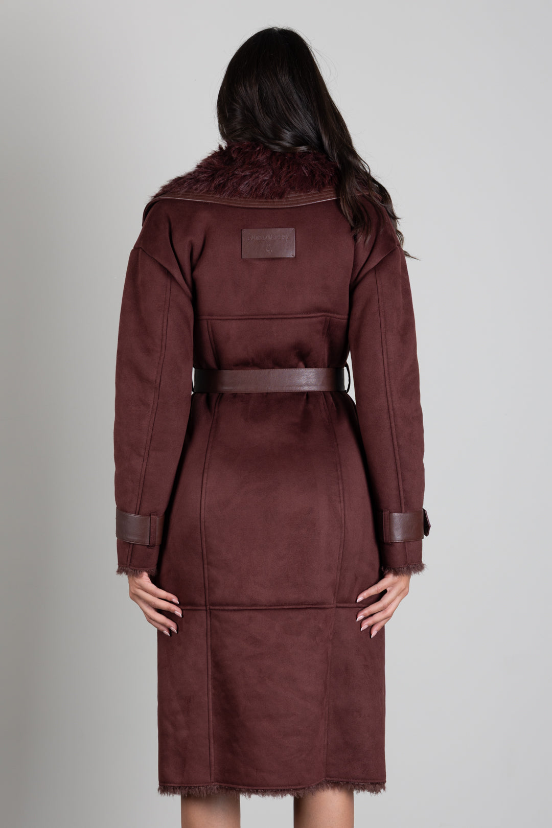 Patrizia Pepe Cappotto Doppiopetto Effetto Shearling con Cintura 8O0208 E0011 WOOD BROWN