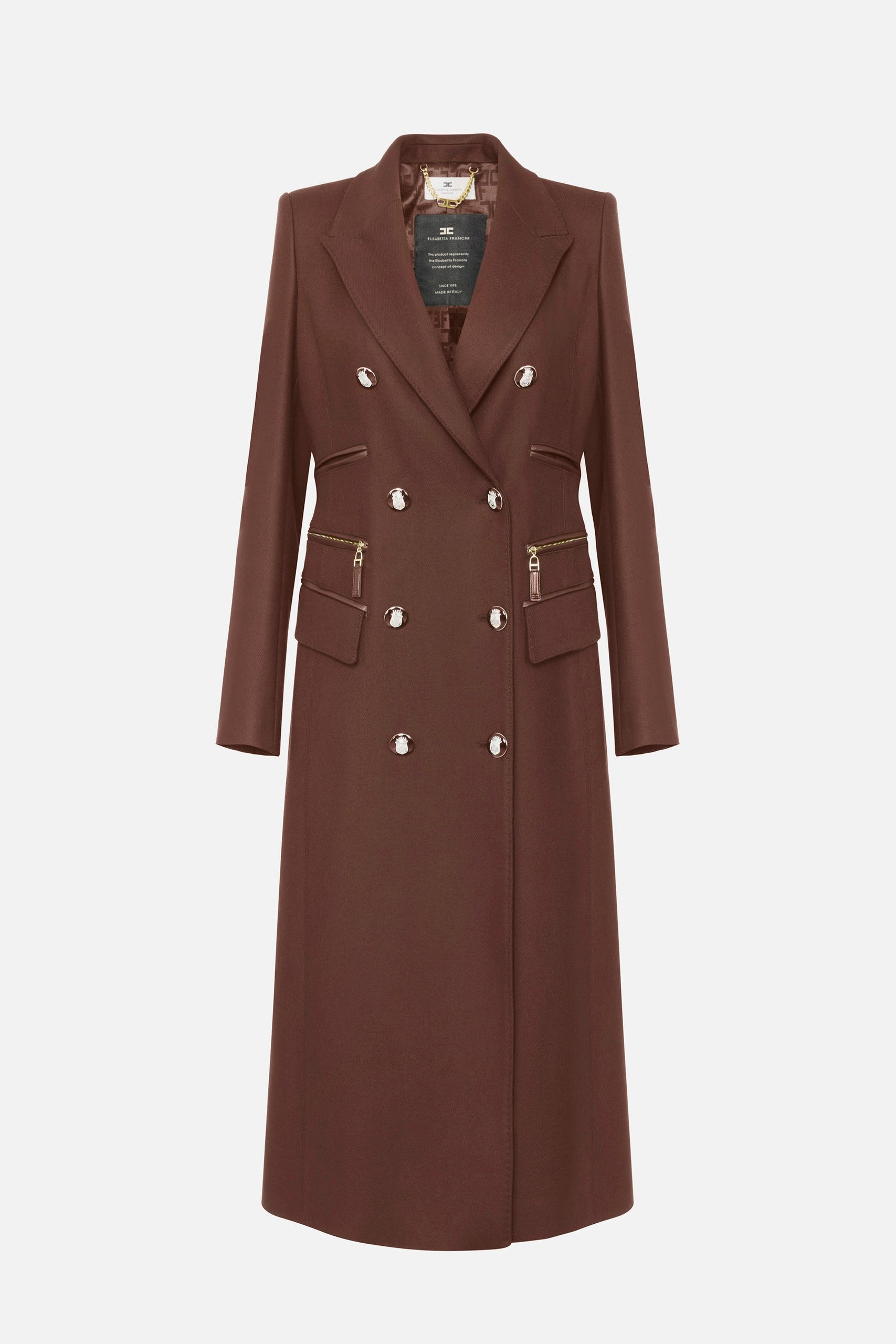 Elisabetta Franchi Cappotto In Doppio Crêpe con Zip e Bottoni CP01056E2 COFFEE
