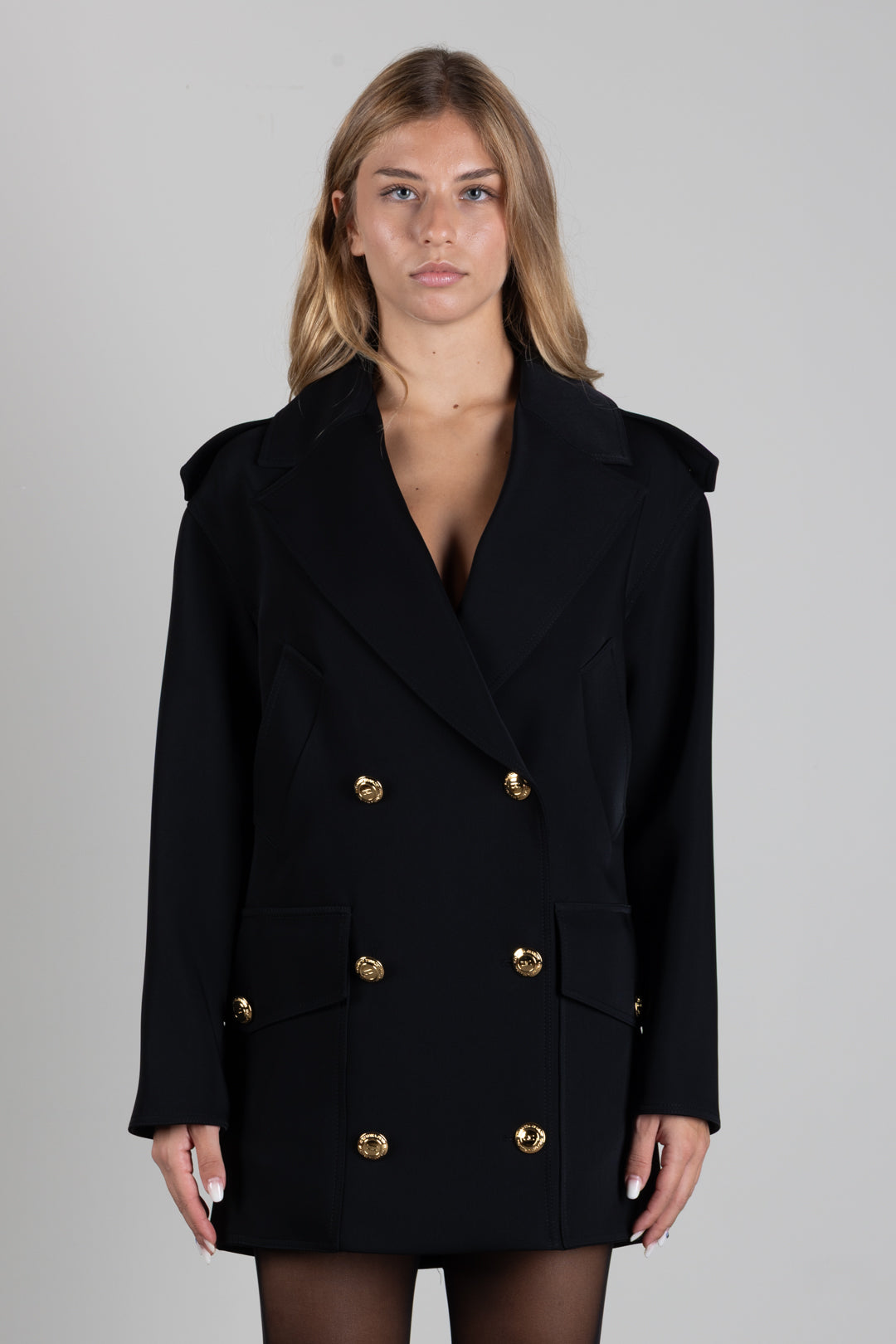 Elisabetta Franchi Cappotto In Scuba Doppiopetto con Bottoni Dorati CP00766E2 NERO