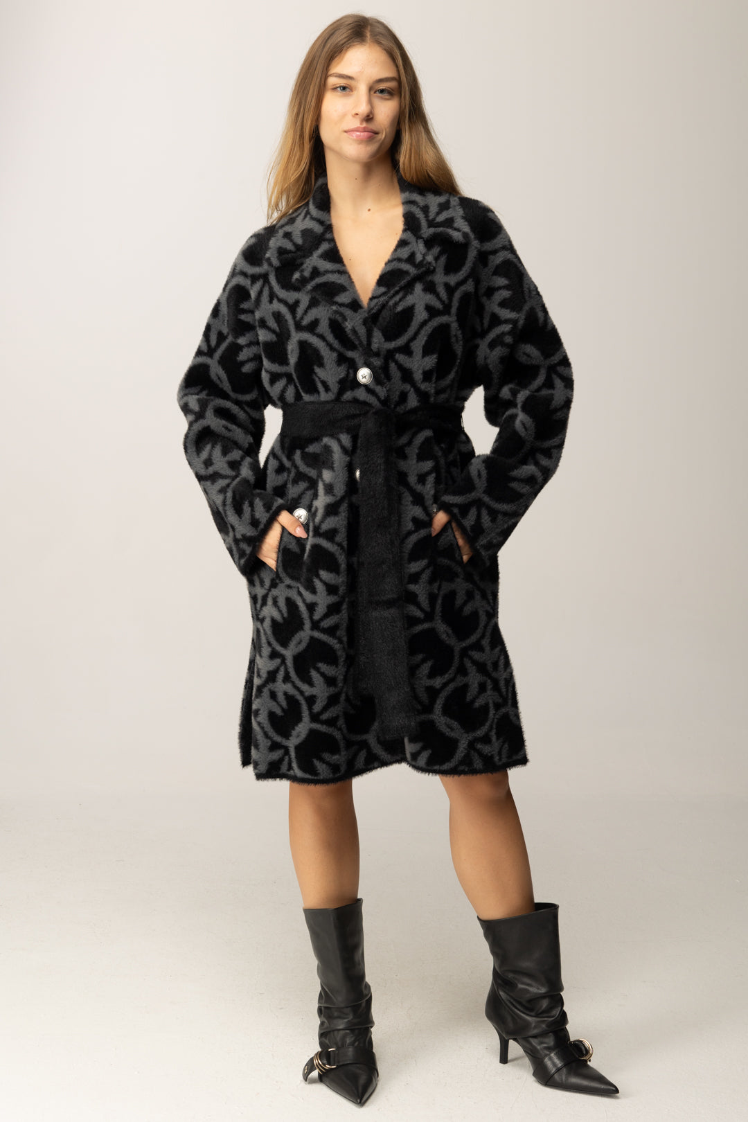 Pinko Cappotto Jacquard Effetto Velluto con Cintura GRIGIO/NERO