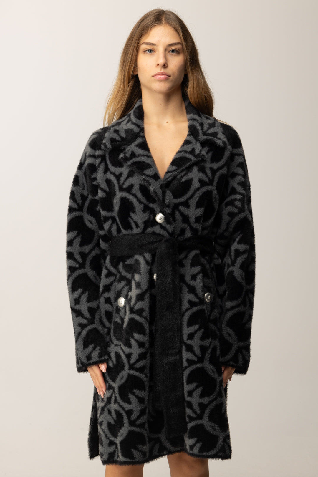 Pinko Cappotto Jacquard Effetto Velluto con Cintura GRIGIO/NERO