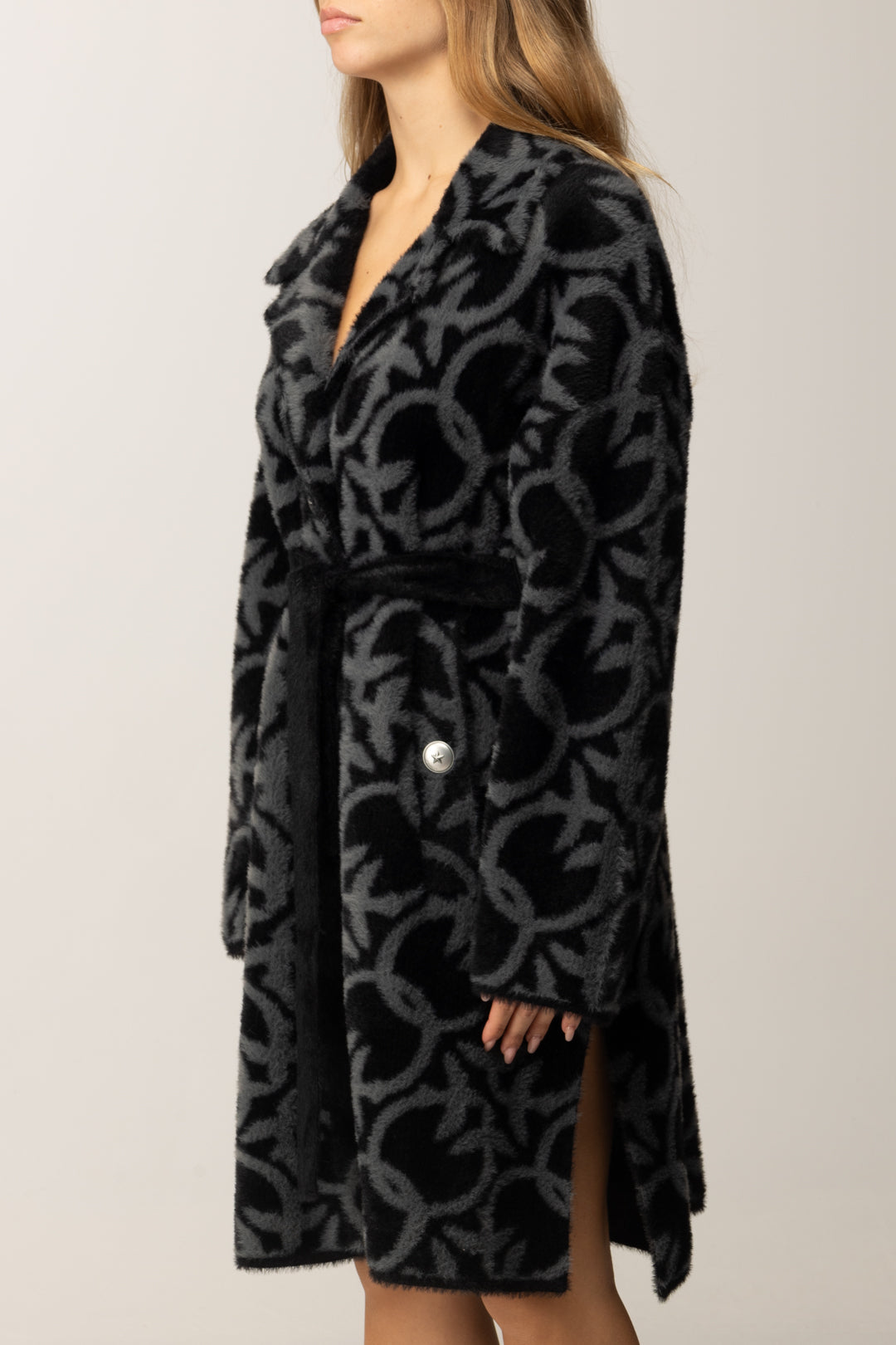 Pinko Cappotto Jacquard Effetto Velluto con Cintura GRIGIO/NERO