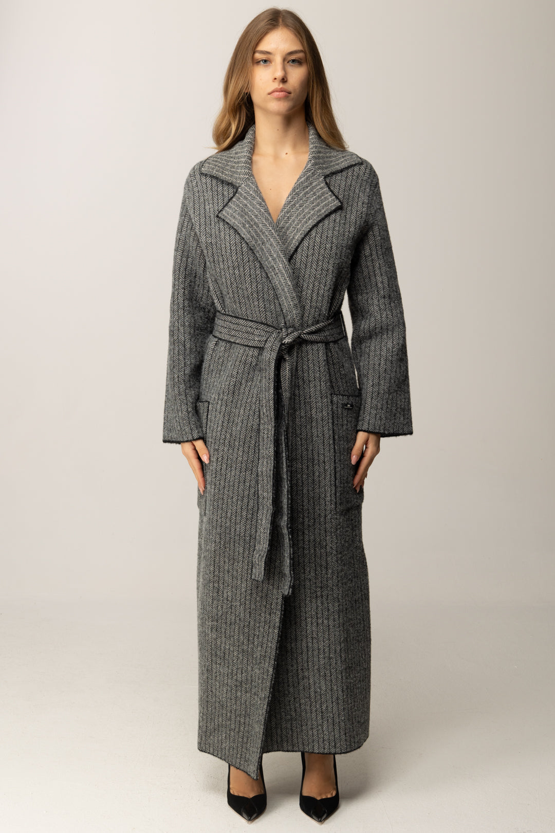 Elisabetta Franchi Cappotto Lungo a Vestaglia con Cintura CK18Q56E2 NERO