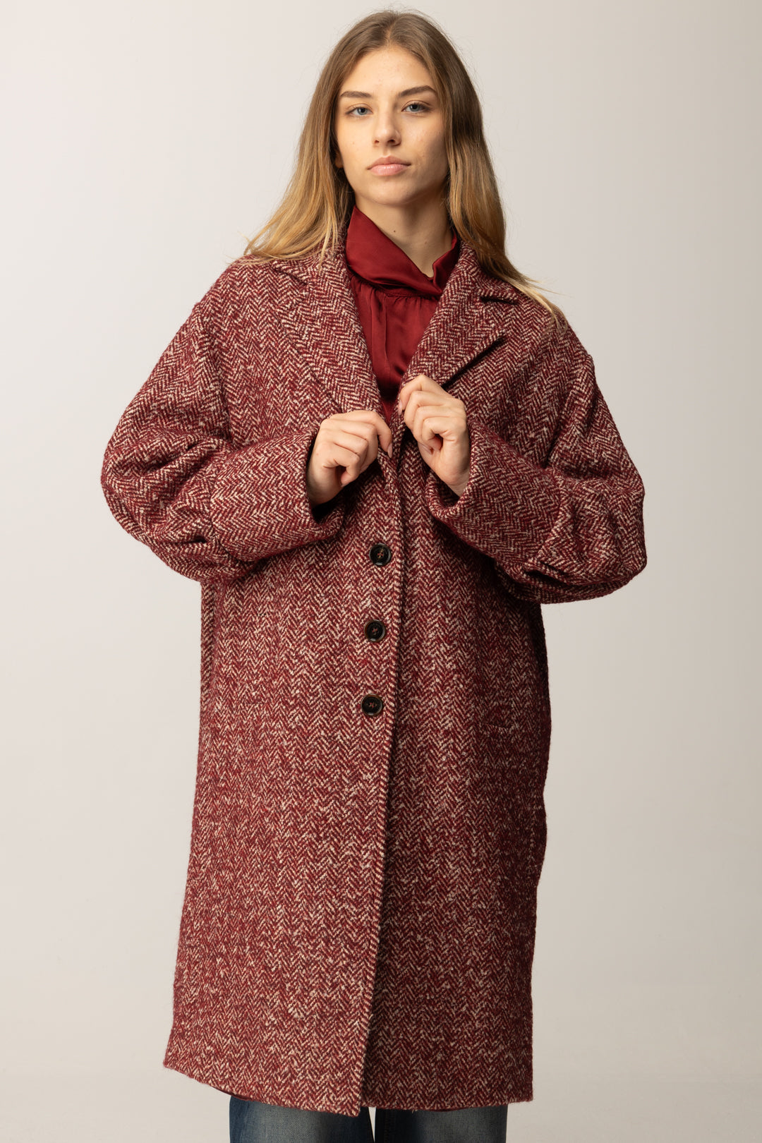 Manila Grace Cappotto Lungo Chevron In Misto Lana K170PT BURGUNDY