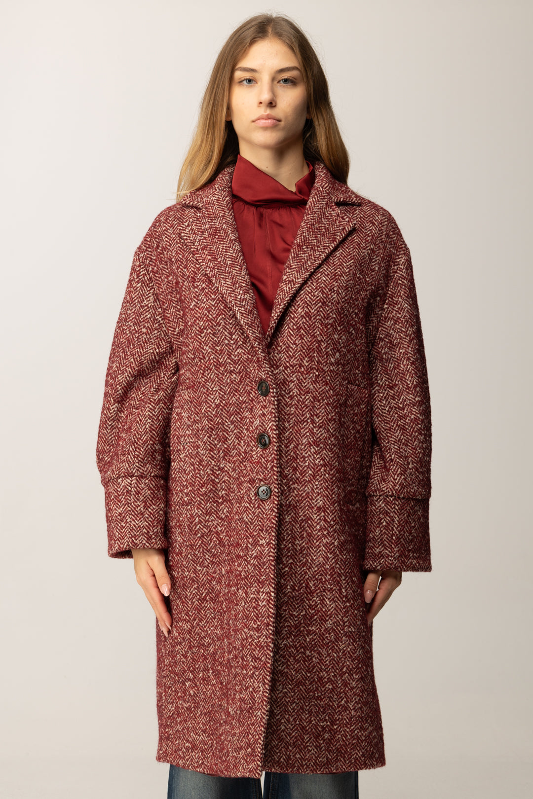 Manila Grace Cappotto Lungo Chevron In Misto Lana K170PT BURGUNDY