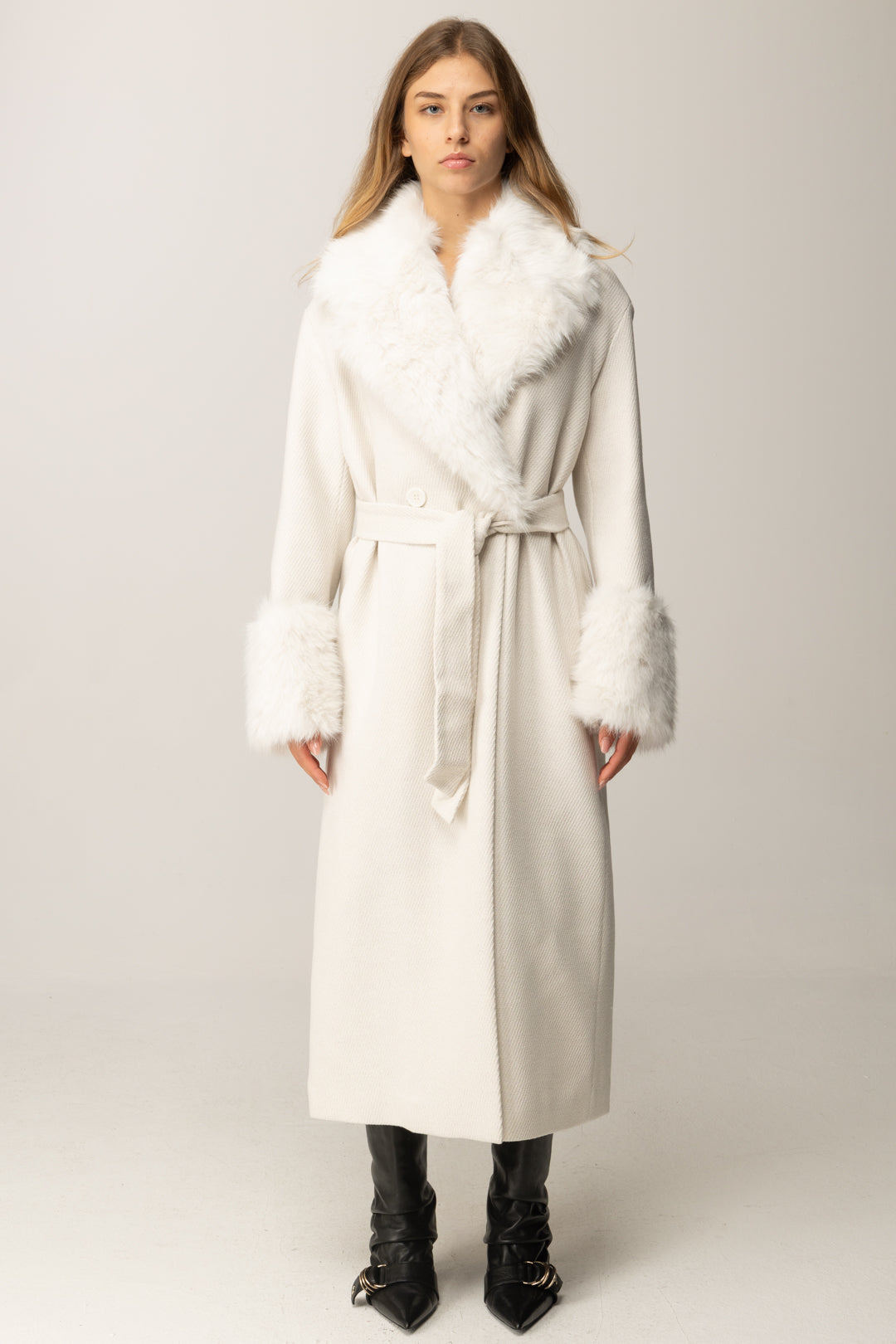 Twin-set Cappotto Lungo con Collo In Pelliccia Sintetica 252TT2040 SALE PEPE NEVE/SILVER
