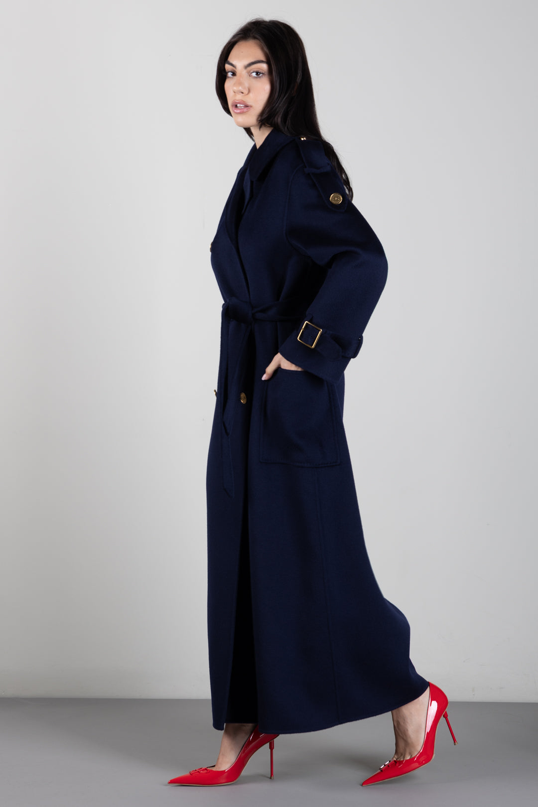 Elisabetta Franchi Cappotto Lungo Doppiopetto In Panno Double con Cintura CP02D66E2 BLU NOTTE