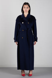 Elisabetta Franchi Cappotto Lungo Doppiopetto In Panno Double con Cintura CP02D66E2 BLU NOTTE