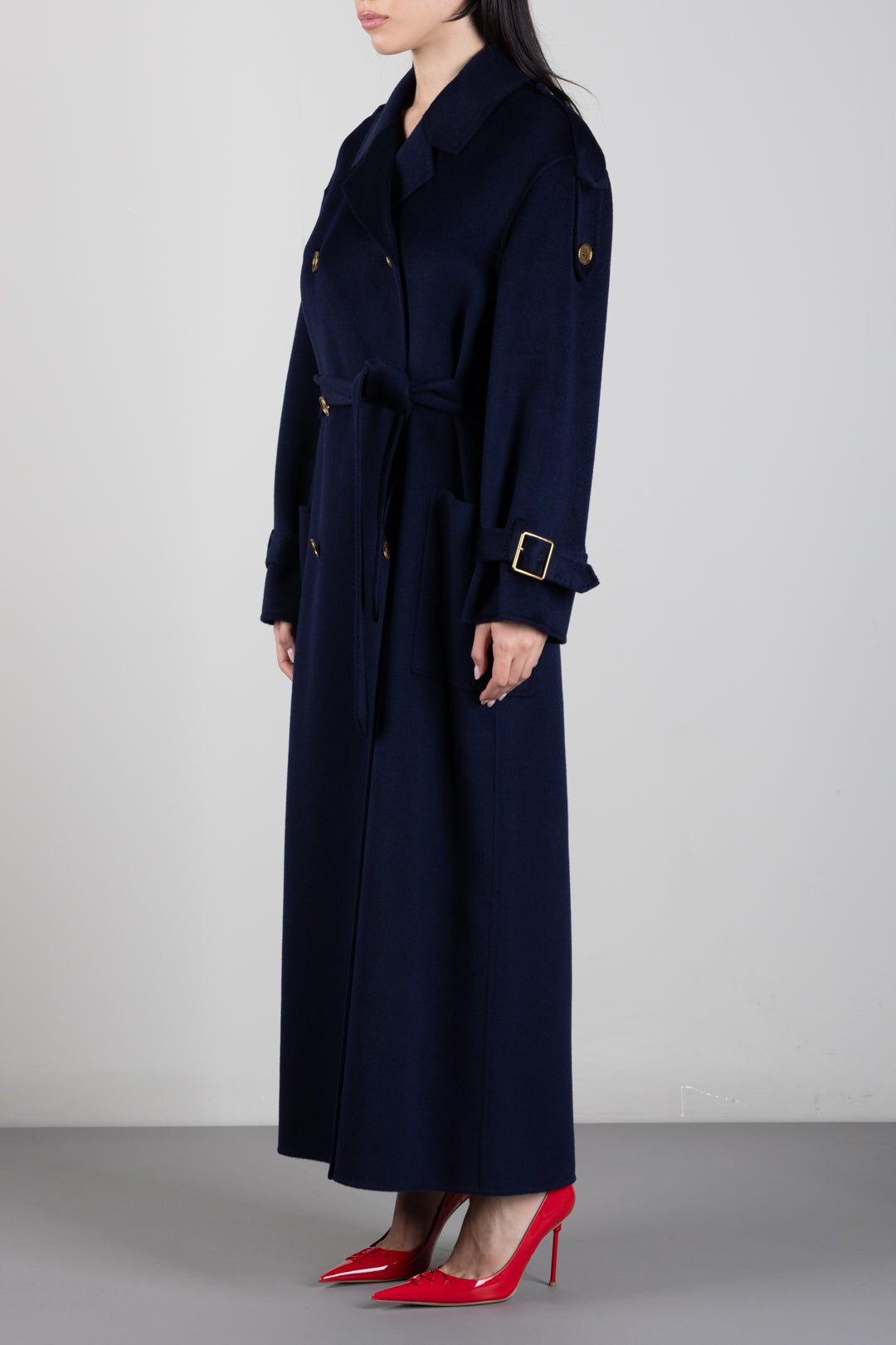 Elisabetta Franchi Cappotto Lungo Doppiopetto In Panno Double con Cintura CP02D66E2 BLU NOTTE