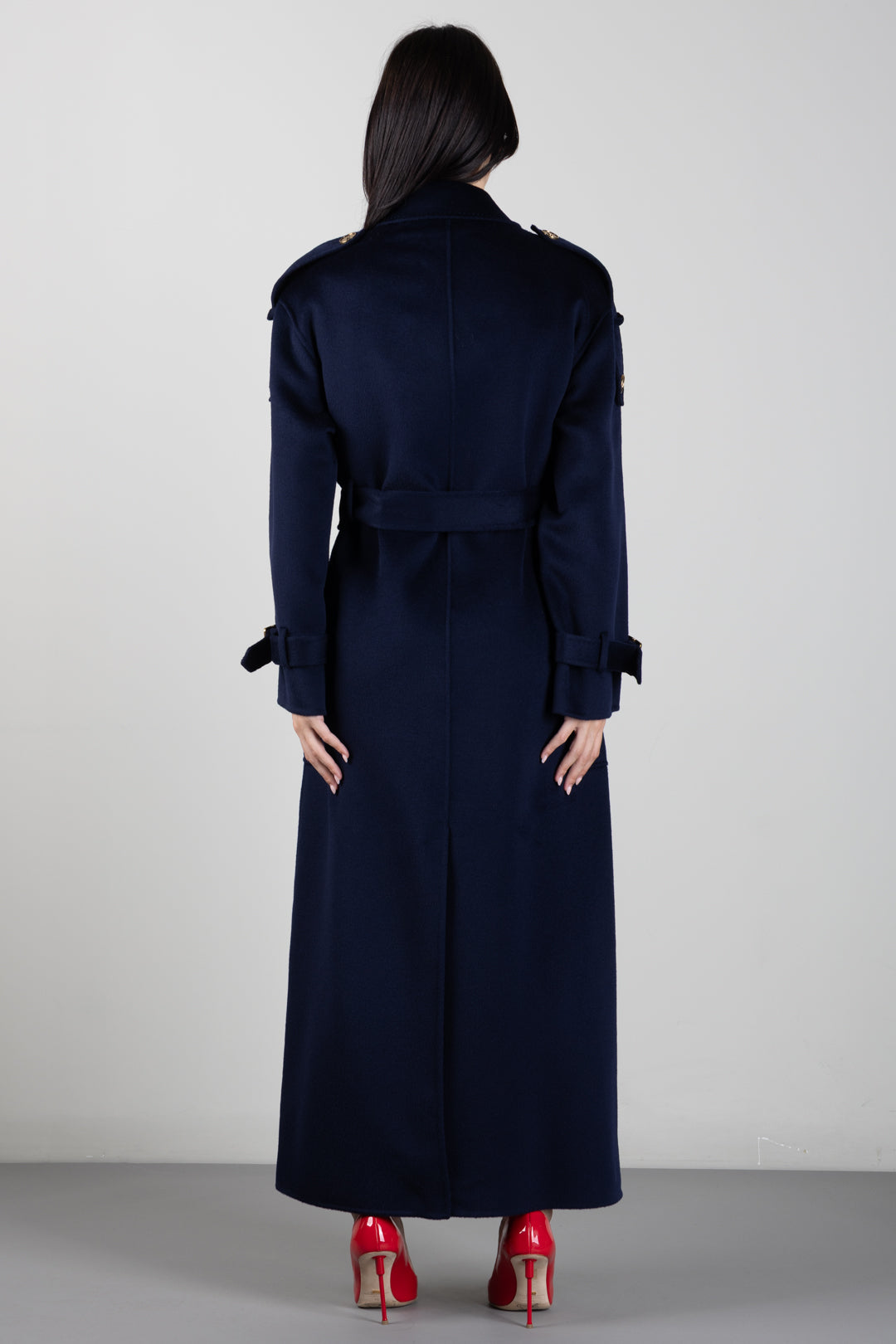 Elisabetta Franchi Cappotto Lungo Doppiopetto In Panno Double con Cintura CP02D66E2 BLU NOTTE