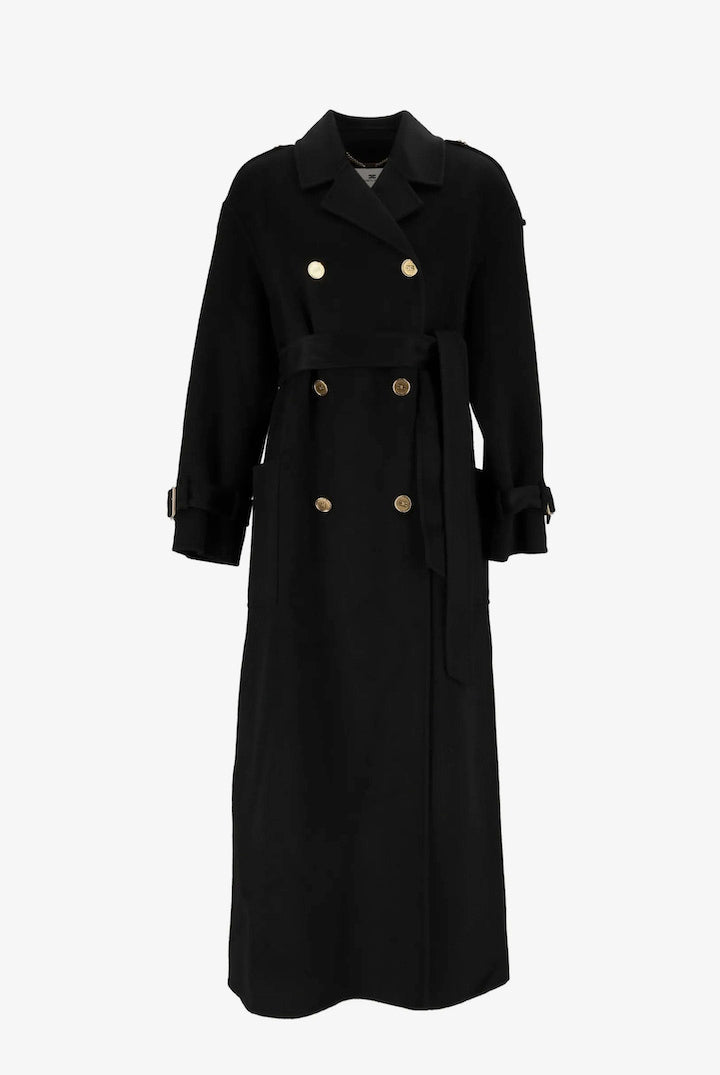 Elisabetta Franchi Cappotto Lungo Doppiopetto In Panno Double con Cintura CP02D66E2 NERO