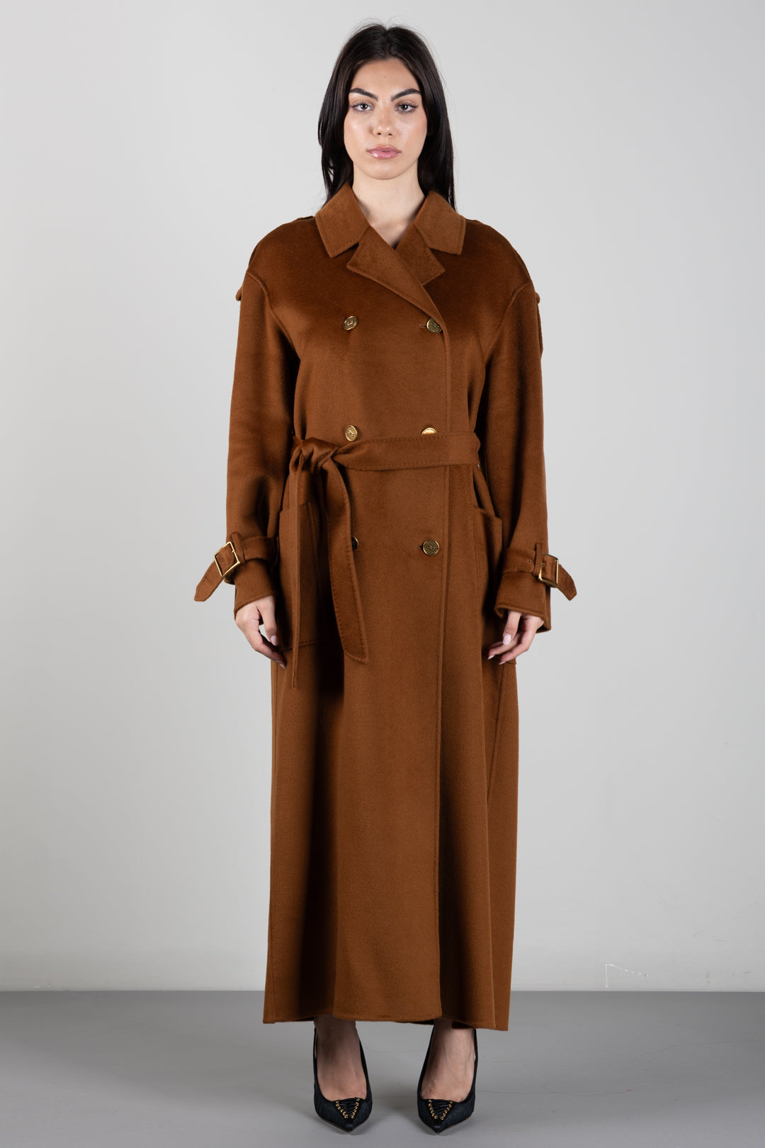 Elisabetta Franchi Cappotto Lungo Doppiopetto In Panno Double con Cintura CP02D66E2 SIGARO