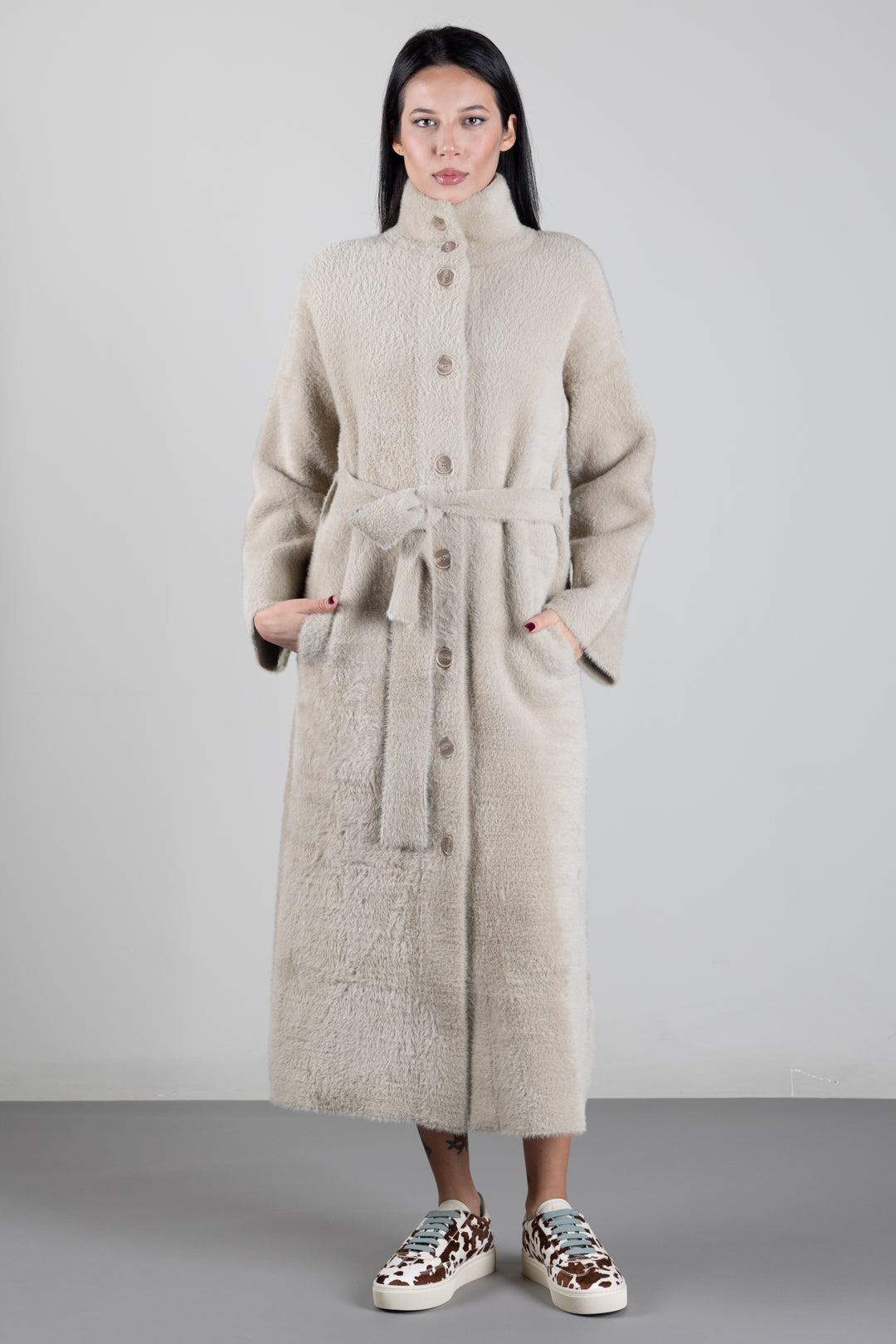 Patrizia Pepe Cappotto Lungo Effetto Pelliccia con Cintura In Vita 2O0090 C0261 CRAFTY TAUPE