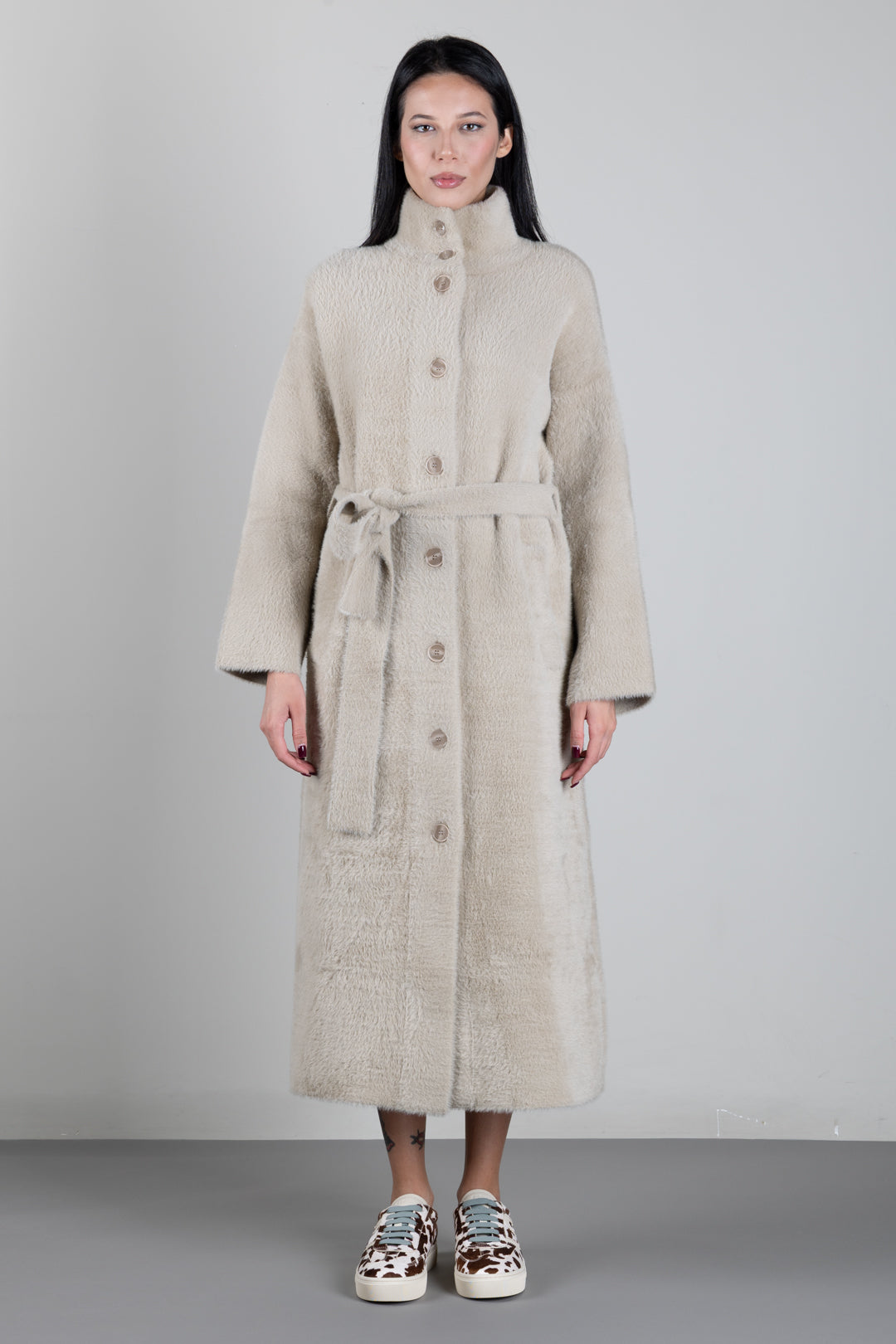 Patrizia Pepe Cappotto Lungo Effetto Pelliccia con Cintura In Vita 2O0090 C0261 CRAFTY TAUPE
