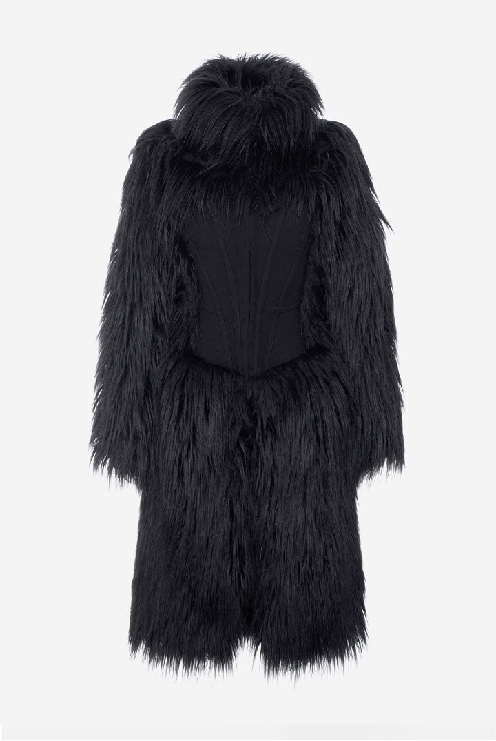 Elisabetta Franchi Cappotto Lungo Effetto Pelo con Bustier In Crêpe CP05A67E2 NERO