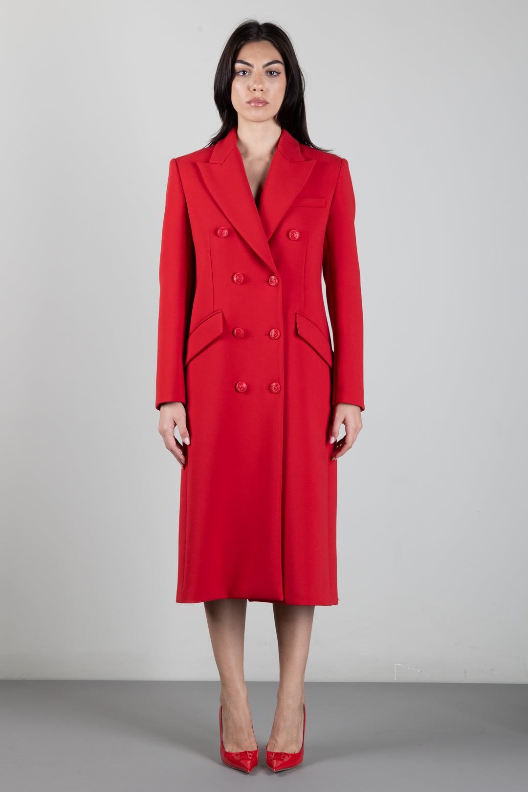 Elisabetta Franchi Cappotto Lungo In Doppio Crêpe Doppiopetto Nero CP00866E2 RED PASSION