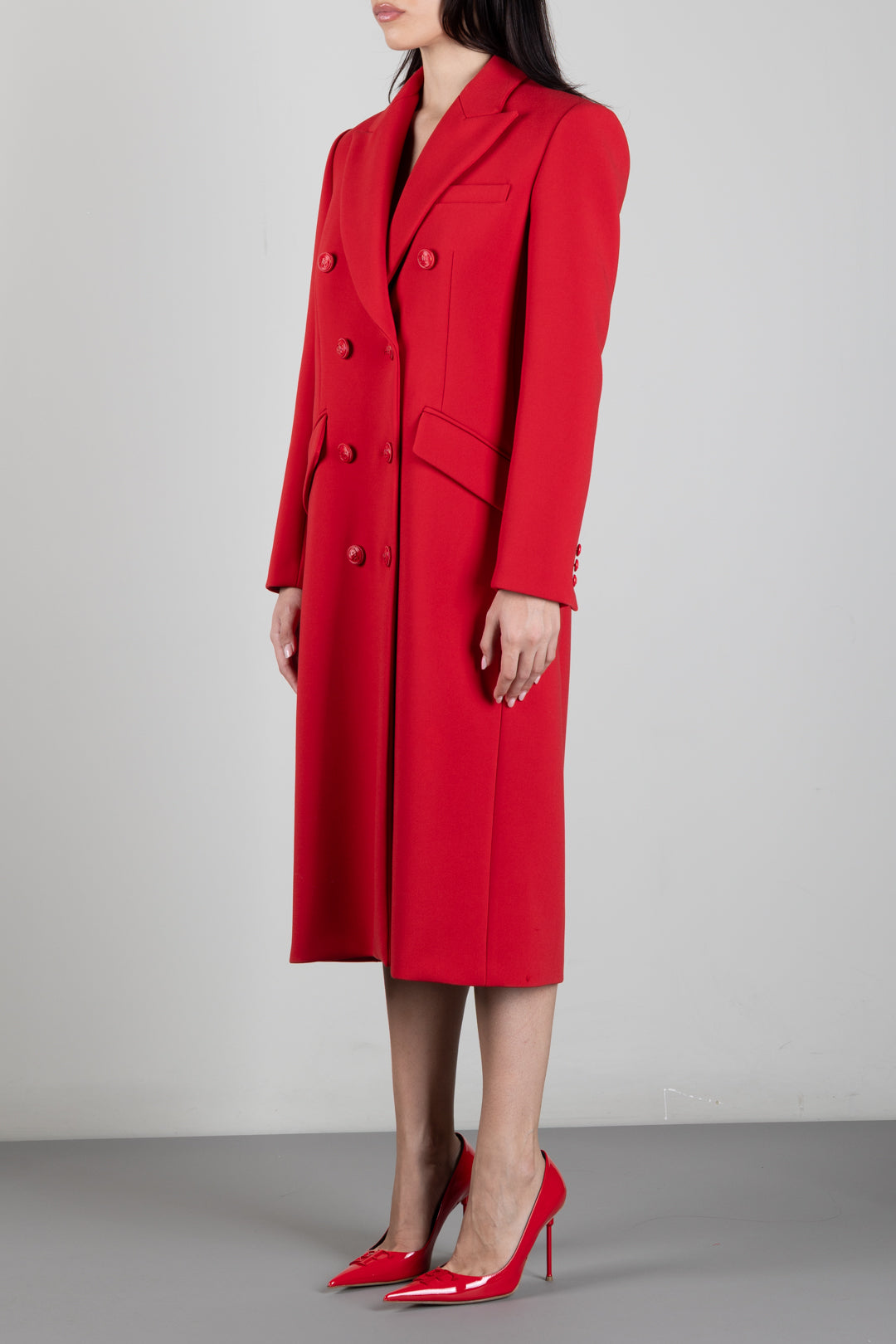 Elisabetta Franchi Cappotto Lungo In Doppio Crêpe Doppiopetto Nero CP00866E2 RED PASSION