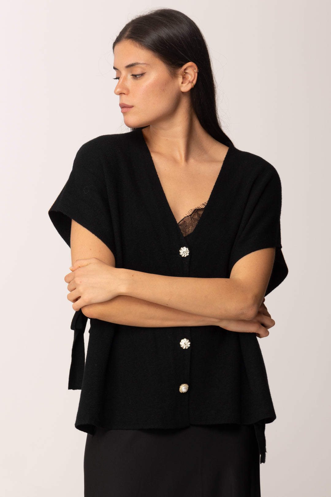 Khloe Femme Cardigan Aperti Ai Lati con Fiocchi BLACK