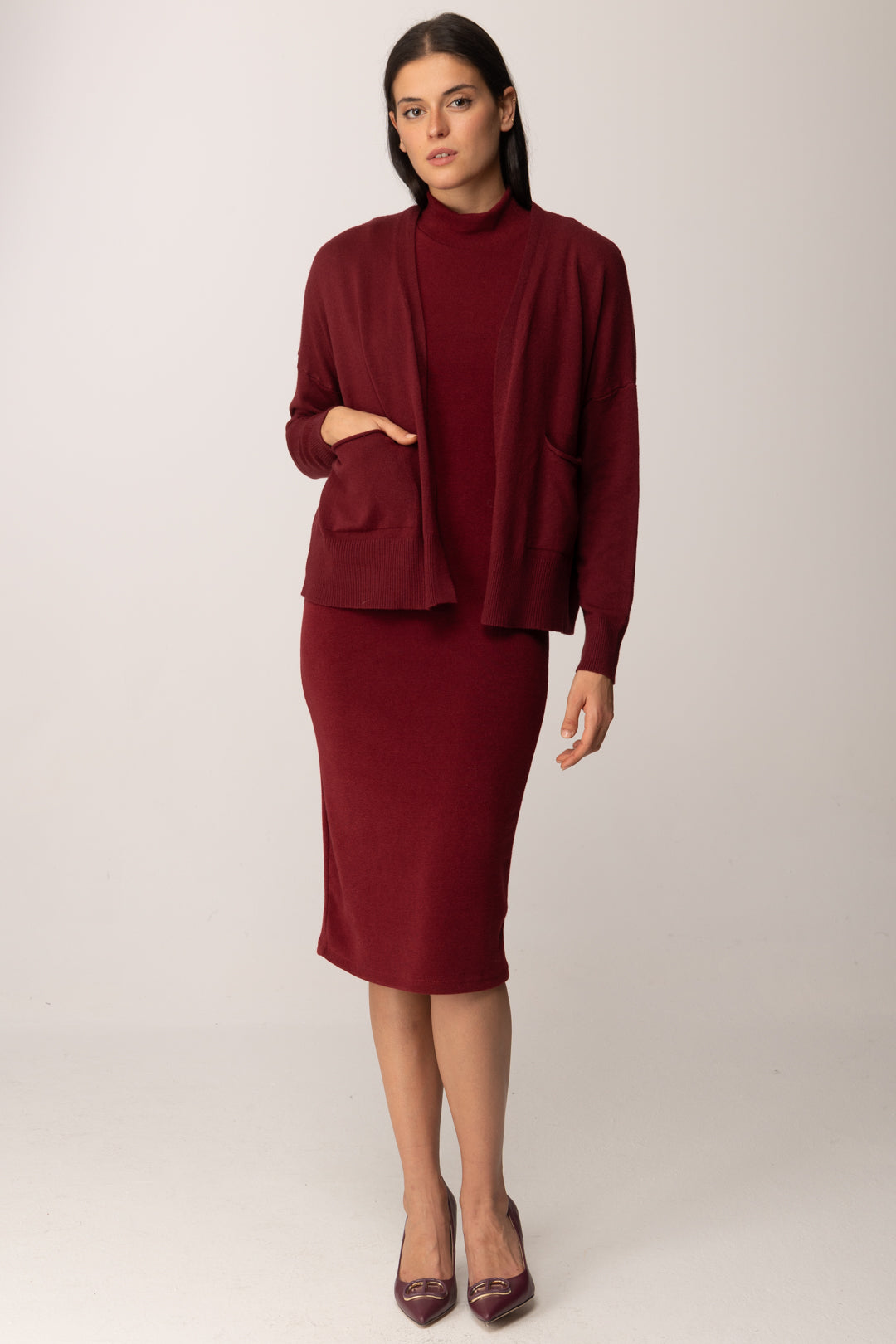 Khloe Femme Cardigan Aperto con Tasche BORDEAUX