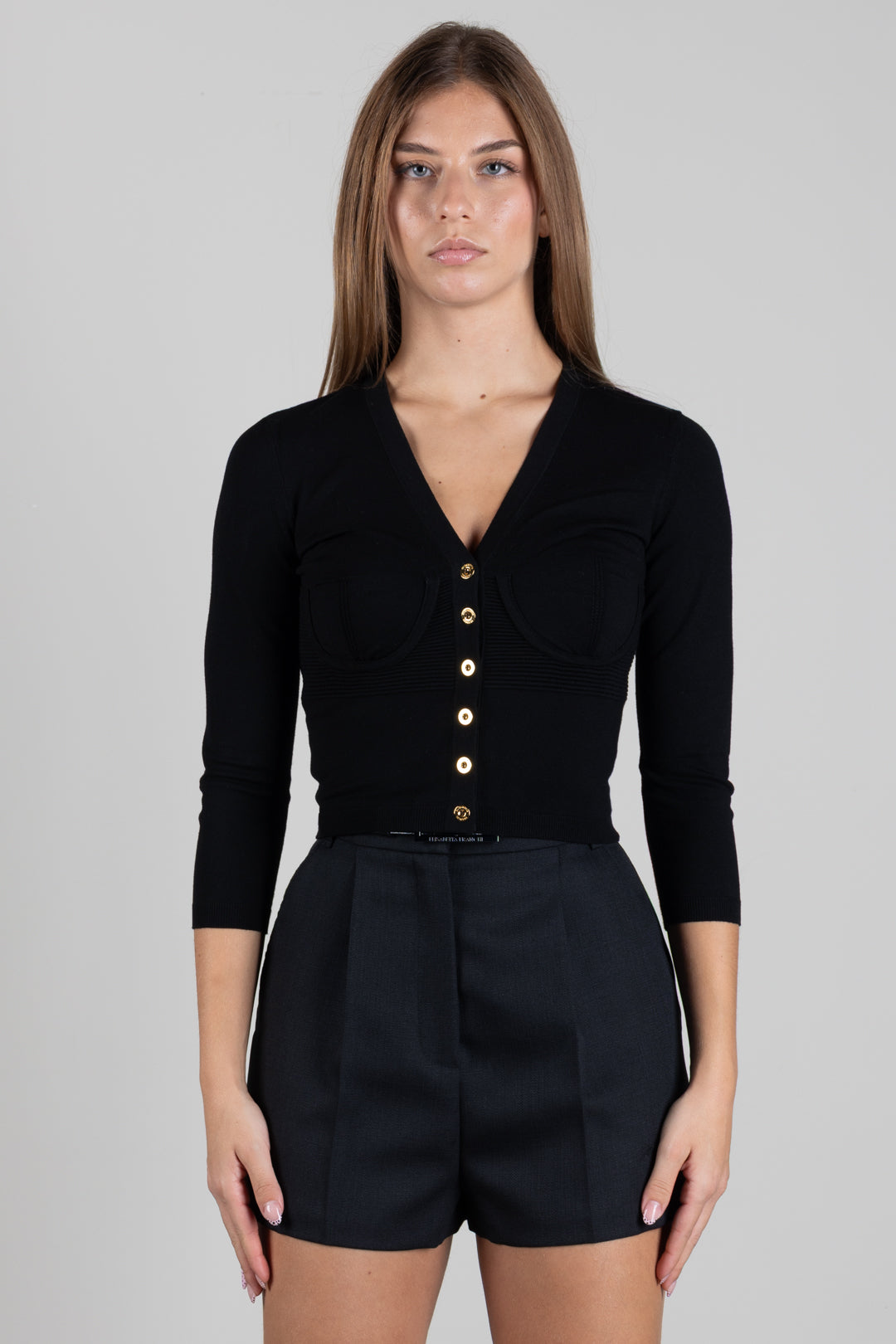 Elisabetta Franchi Cardigan Bustier In Maglia con Bottoni Logo MK24S67E2 NERO