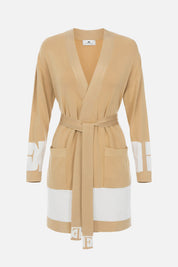 Elisabetta Franchi Cardigan con Cintura con Bande a Contrasto MK02S56E2 HONEY/AVORIO