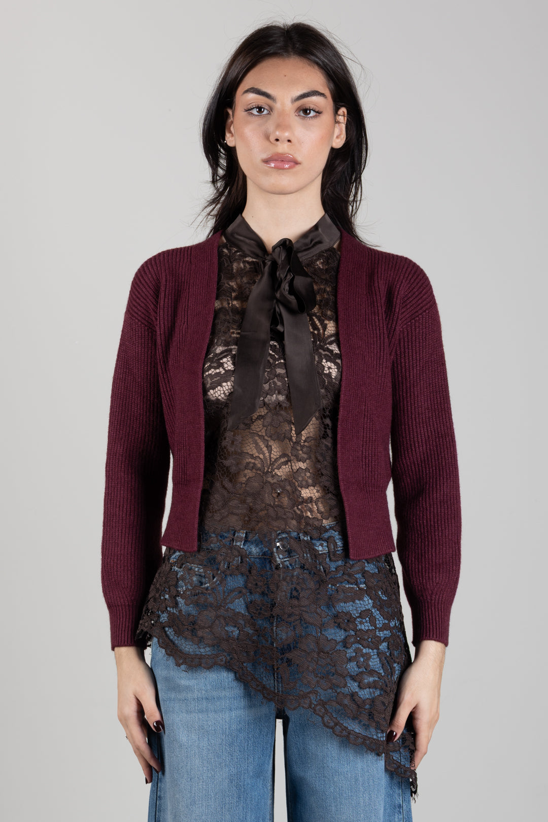 Manila Grace Cardigan Corto In Maglia a Coste M478VU PORT ROYALE :AI26