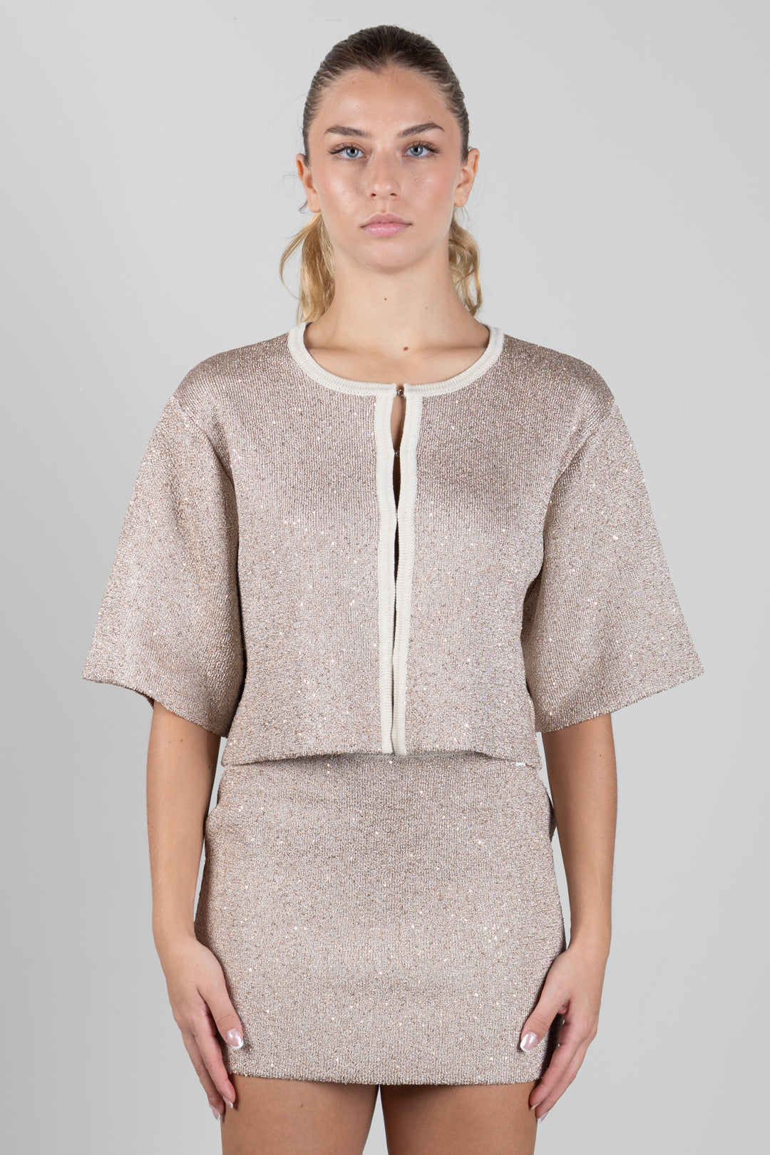 Elisabetta Franchi Bambina Cardigan Corto In Maglia con Paillettes e Profili a Contrasto EFMA204CFL158.2099