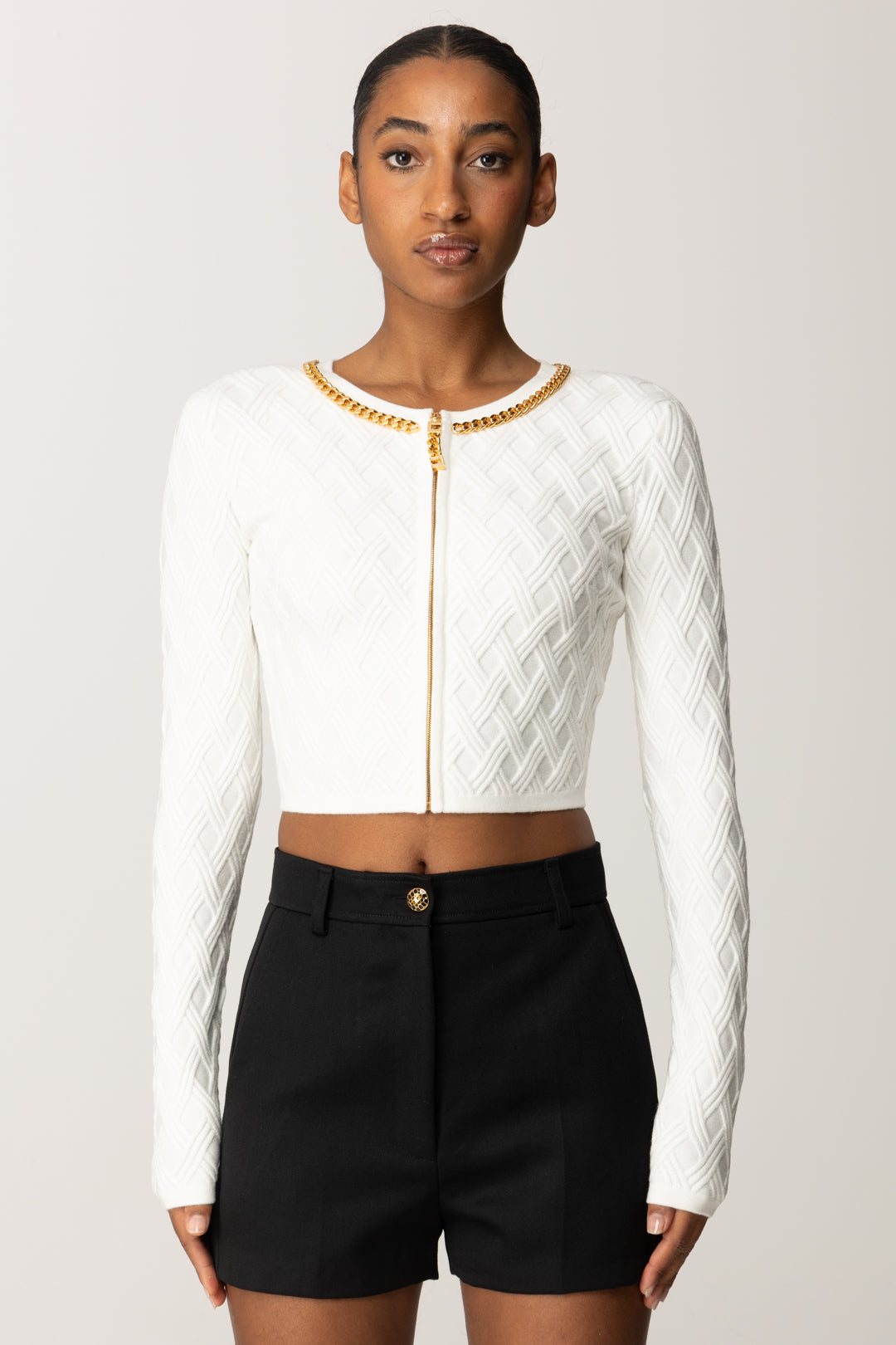 Elisabetta Franchi Cardigan Crop con Zip e Dettaglio Gioiello MK29B56E2 AVORIO