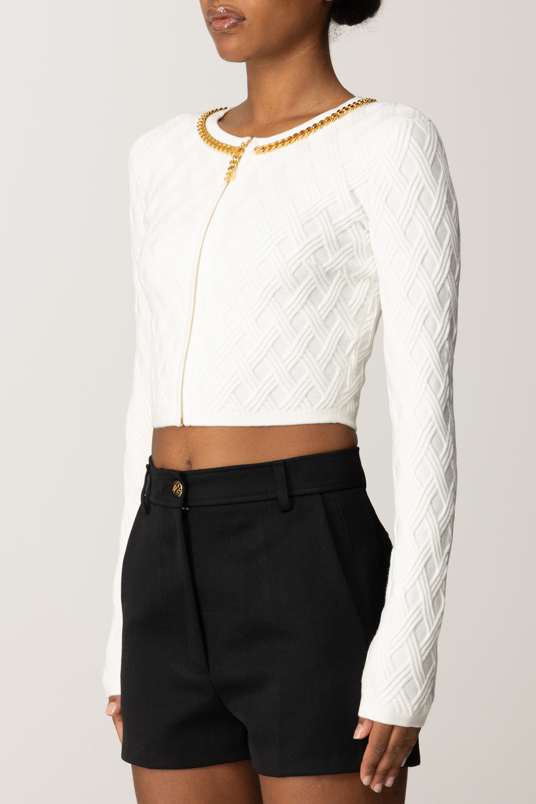 Elisabetta Franchi Cardigan Crop con Zip e Dettaglio Gioiello MK29B56E2 AVORIO