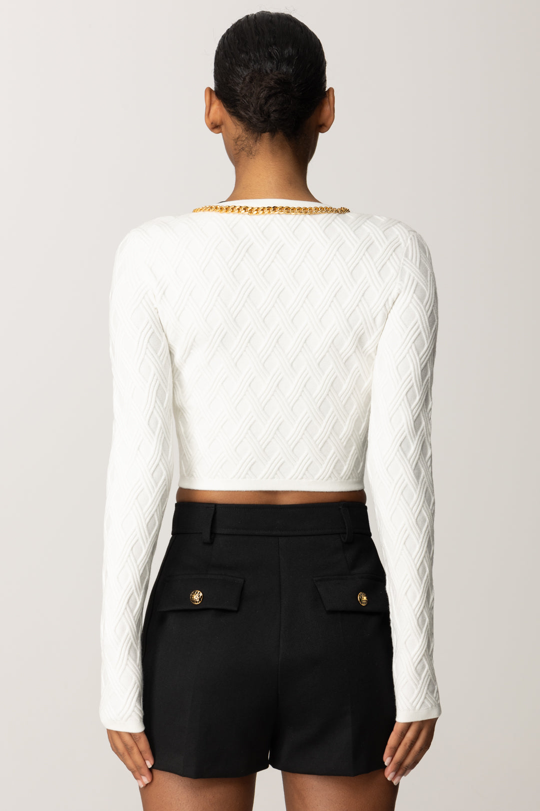 Elisabetta Franchi Cardigan Crop con Zip e Dettaglio Gioiello MK29B56E2 AVORIO