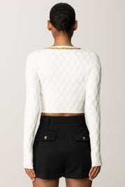 Elisabetta Franchi Cardigan Crop con Zip e Dettaglio Gioiello MK29B56E2 AVORIO