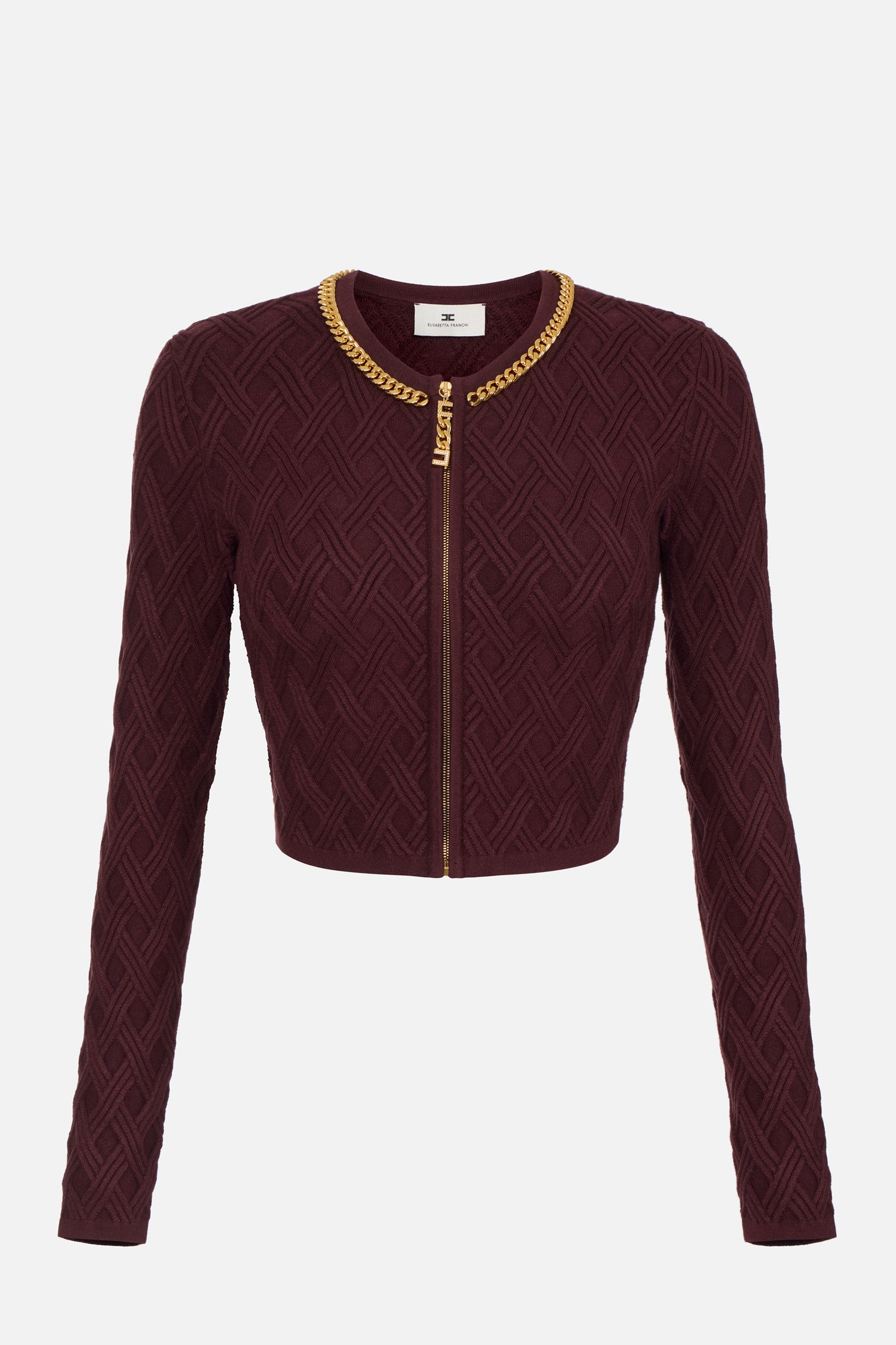 Elisabetta Franchi Cardigan Crop con Zip e Dettaglio Gioiello MK29B56E2 MERLOT