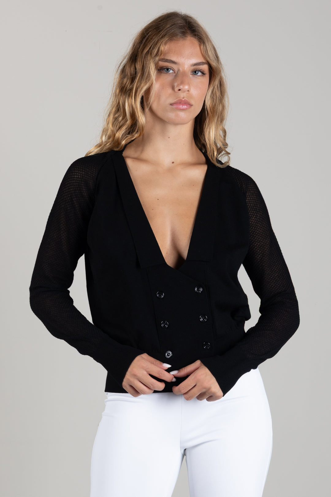 Elisabetta Franchi Cardigan Doppiopetto In Maglia e Rete MK30Q66E2 NERO