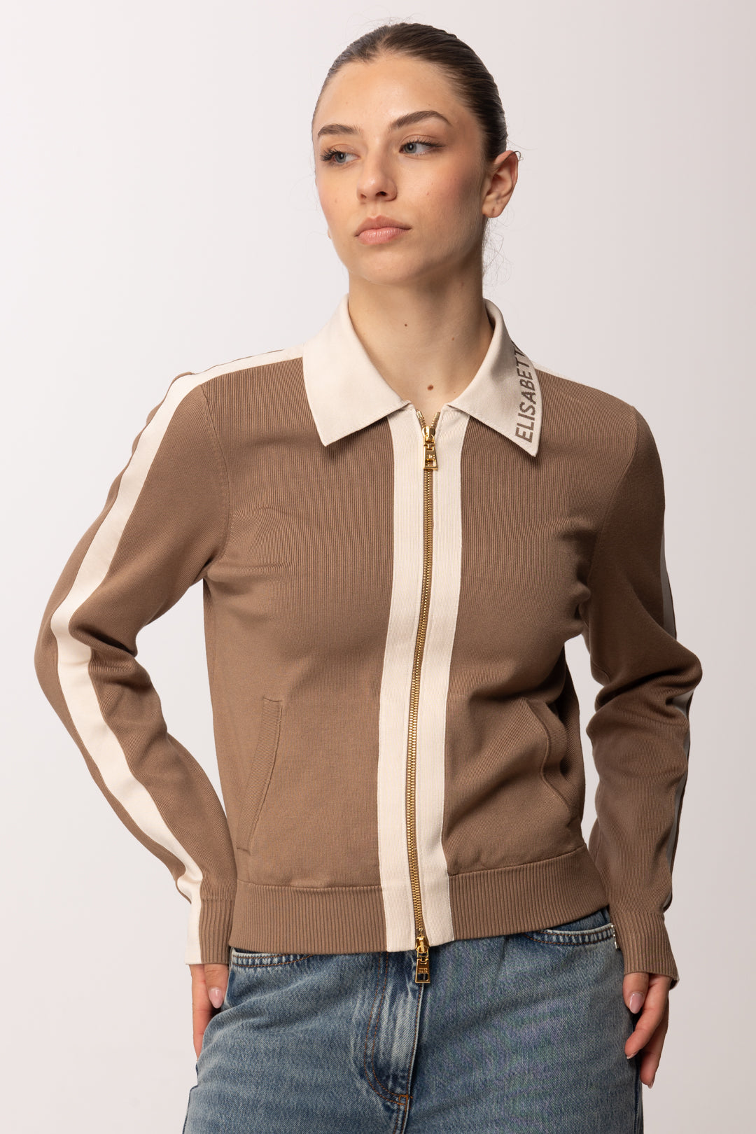 Elisabetta Franchi Cardigan Full Zip con Bande In Viscosa Lucida MK66S61E2 ARGILLA/BURRO