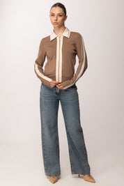 Elisabetta Franchi Cardigan Full Zip con Bande In Viscosa Lucida MK66S61E2 ARGILLA/BURRO