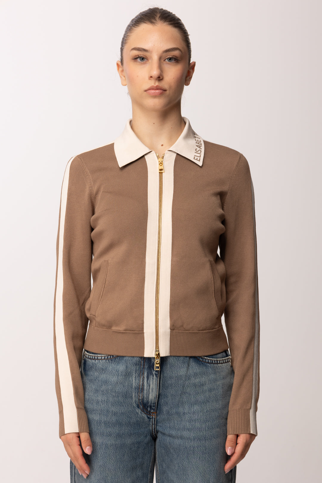Elisabetta Franchi Cardigan Full Zip con Bande In Viscosa Lucida MK66S61E2 ARGILLA/BURRO