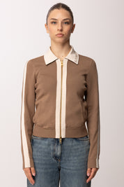 Elisabetta Franchi Cardigan Full Zip con Bande In Viscosa Lucida MK66S61E2 ARGILLA/BURRO