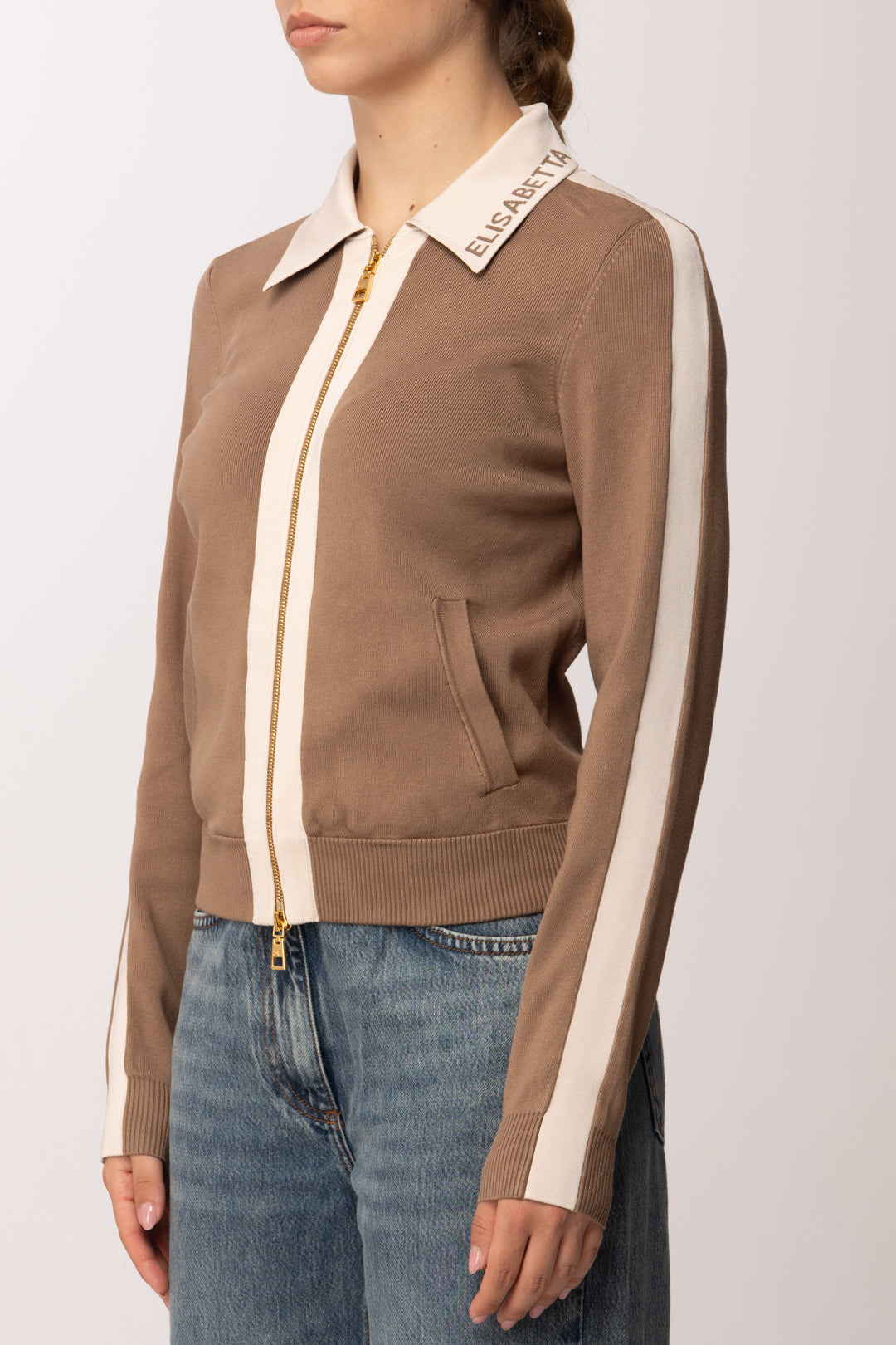 Elisabetta Franchi Cardigan Full Zip con Bande In Viscosa Lucida MK66S61E2 ARGILLA/BURRO