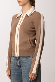 Elisabetta Franchi Cardigan Full Zip con Bande In Viscosa Lucida MK66S61E2 ARGILLA/BURRO