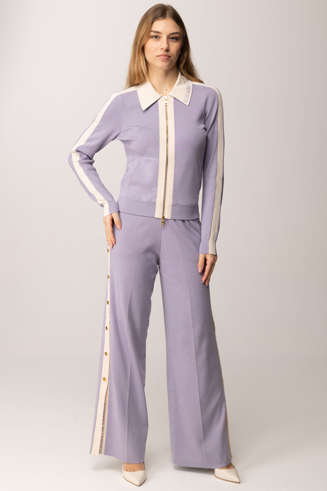 Elisabetta Franchi Cardigan Full Zip con Bande In Viscosa Lucida MK66S61E2 LILLA/BURRO