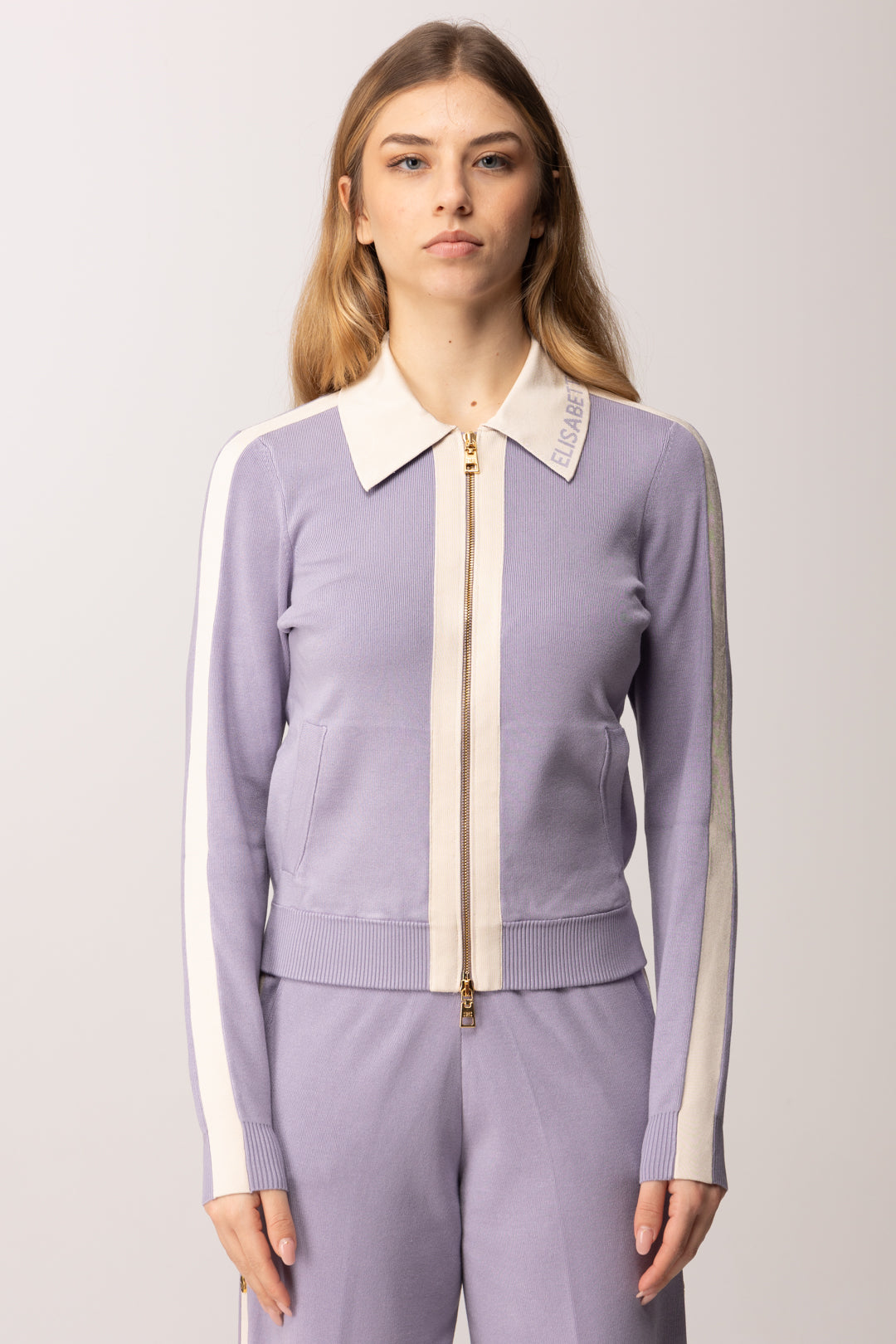 Elisabetta Franchi Cardigan Full Zip con Bande In Viscosa Lucida MK66S61E2 LILLA/BURRO