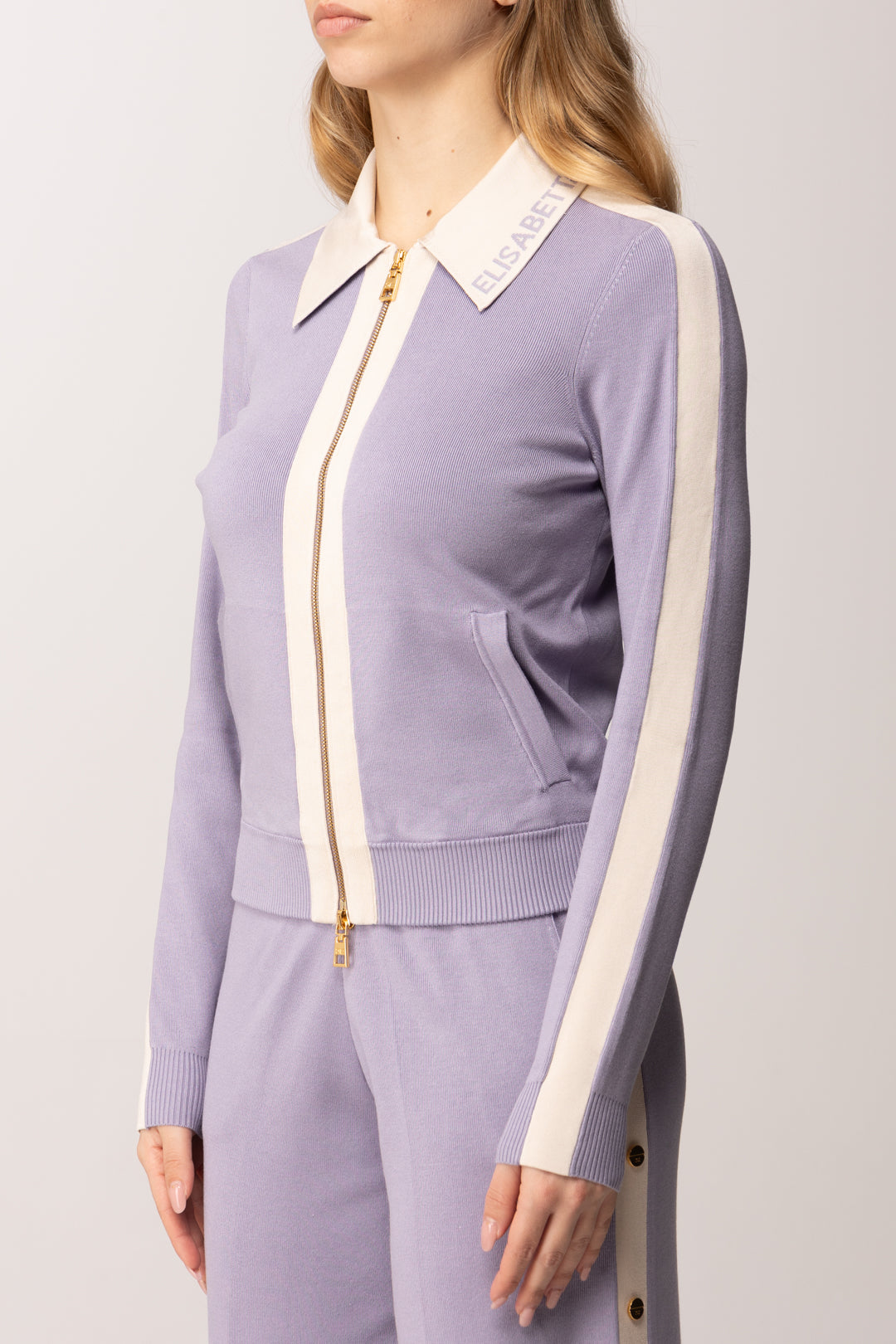 Elisabetta Franchi Cardigan Full Zip con Bande In Viscosa Lucida MK66S61E2 LILLA/BURRO